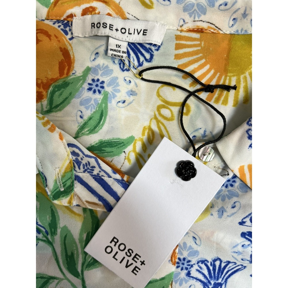 NWT Rose + Olive Sz 1X Top Citrus Fruit Europe Print Tie Front Button Up Shirt - Picture 5 of 9